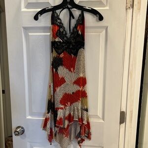 Asymmetrical Halter Dress with Lace Bodice - Red, Black, Cream